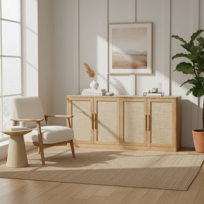Grande armoire de rangement 67 po avec 4 portes et buffet en rotin 67 po Boho