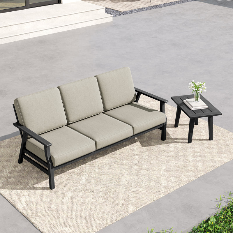 2-Piece Conversation Set,Solid Teak Wood Sofa And Side Table Set With Cushions, Light Camel, Black, 2 Pcs: Side Table, Sofa