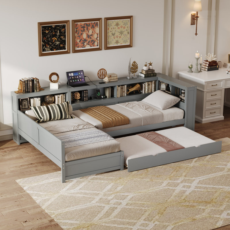 L-Shaped Daybed With Trundle, Drawer, And Usb, Gray