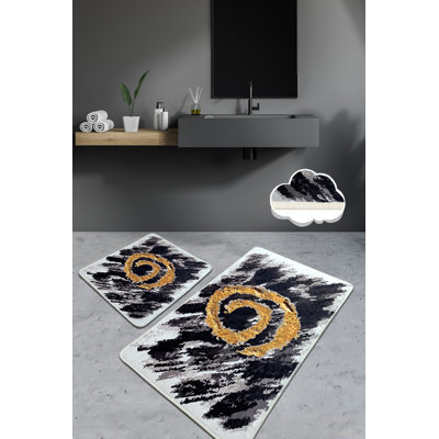 Ensemble de luxueux tapis de bain (2 pièces), noir, blanc et doré | 100% polyester, 23,6 po x 39,4 po et 19,7 po x 23,6 po | Antibactérien, antidérapant, lavable à la machine à 30 ° C | Hauteur des poils doux: 0,4 po, durable et élégant