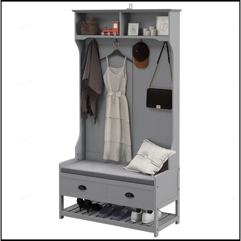 Versatile Hall Tree with Multiple Storage Options and Comfortable Seat for Organized Entryways, Gray