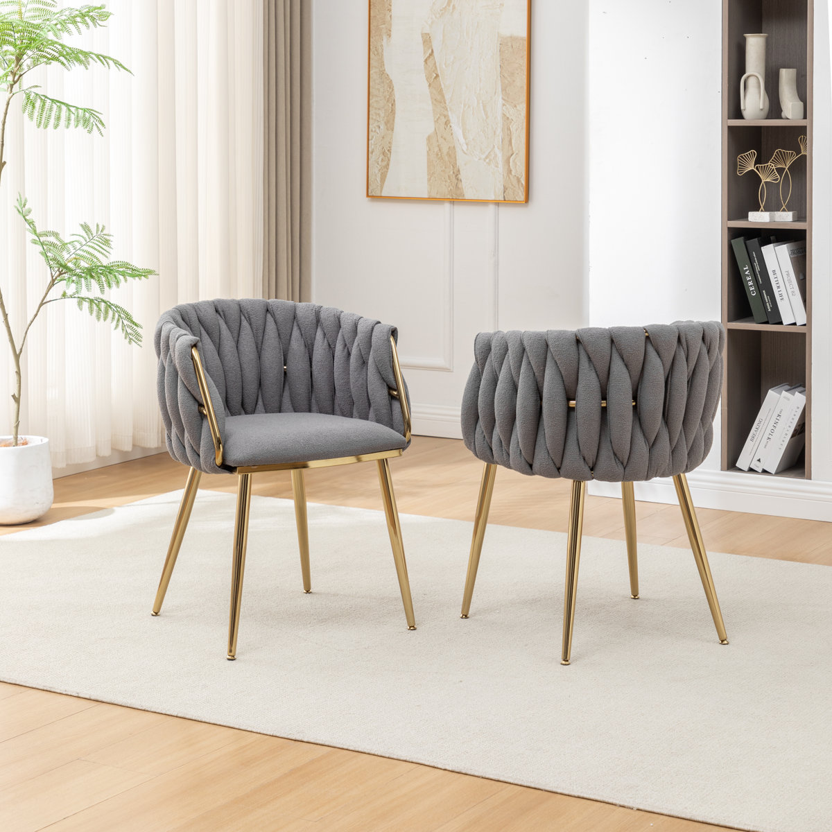 Barrel Chairs With Boucle Fabric And Gold Chrome Legs (Set of 2)
