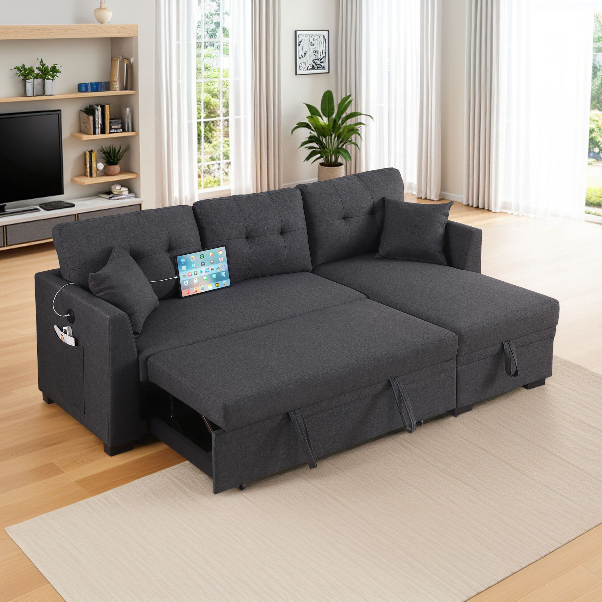Ebern Designs 81'5" Convertible Sleeper Sectional Sofa With Pull-Out ...
