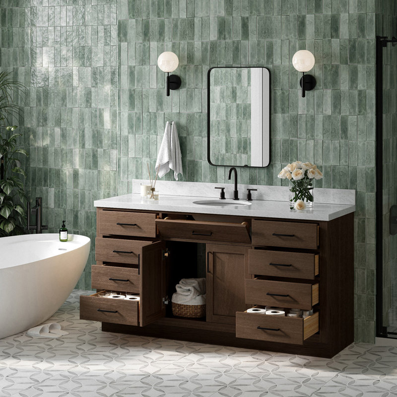 Tidworth 66'' Solid Wood Single Bathroom Vanity with 1.5'' Carrara Marble Top, Oval, Brown Oak