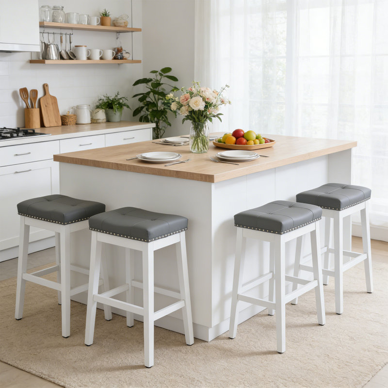 Set of 2 Upholstered Counter Height Bar Stools, PU Leather Barstools Kitchen Island Stools With Saddle Seat, Gray/White