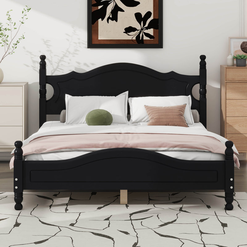 Wood Platform Bed Frame,Retro Style Platform Bed, Black, Queen