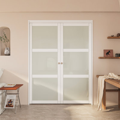 Porte française à panneau pivotant en bois manufacturé et en verre avec quincaillerie d'installation