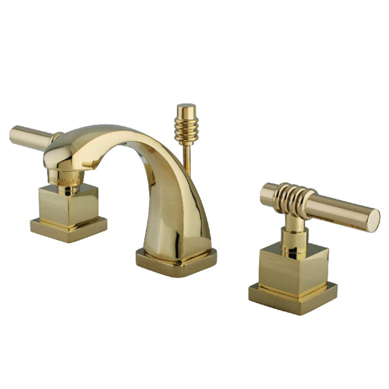 Kingston Brass Milano Two-Handle 3-Hole Deck Mount Widespread Bathroom Faucet with Brass Pop-Up Drain, Polished Brass