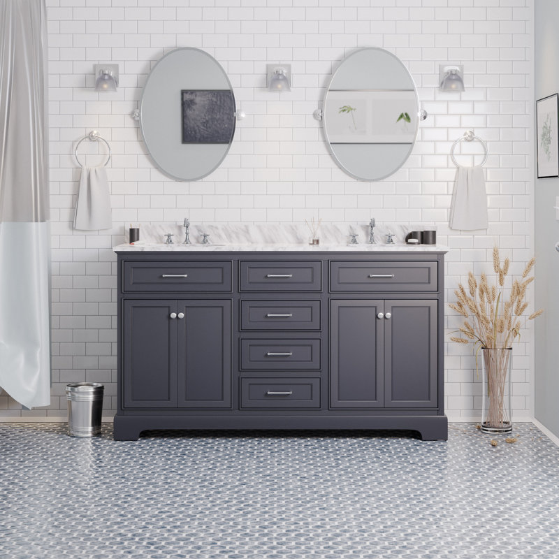 Ensemble de meuble-lavabo double 60 po Ronnie, Gris marine, Marbre de Carrare