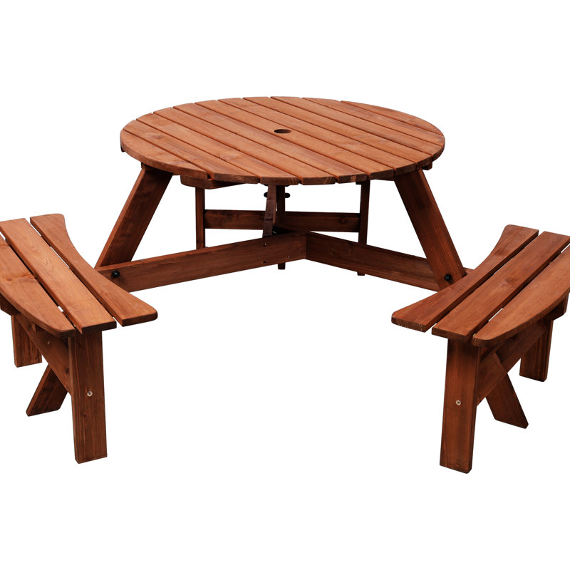 Table de pique-nique pour 6 personnes, table ronde en bois pour le patio, 3 bancs, trou pour parasol, plateau de table de 35 pouces, bords arrondis lisses intégrés, brun