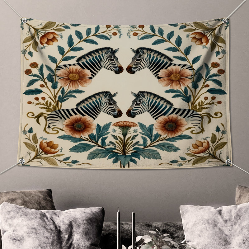 Tapisserie murale arrangement floral zèbre - Décoration murale zèbre, H 68 po x l 80 po avec 4 œillets