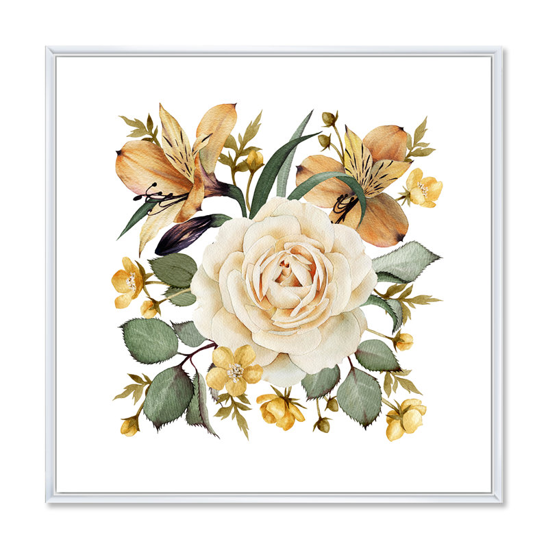 Rose blanche rétro - peinture sur toile, H 30 po x l 30 po x P 1 po, Cadre flottant blanc