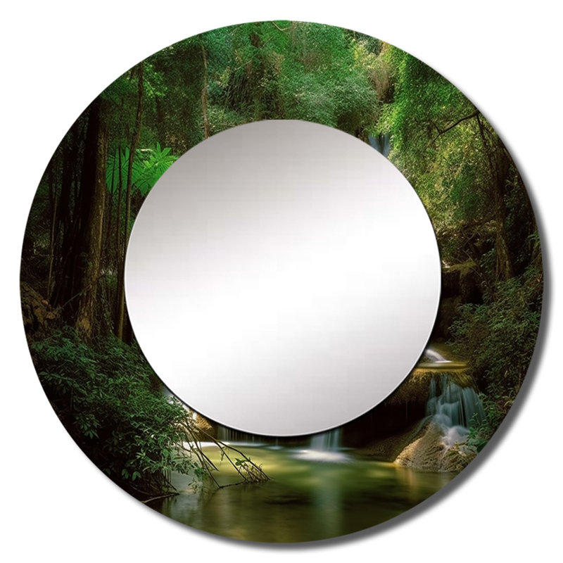 Guelfa cascade dans la forêt dense I - grand miroir de montagne, décor de miroir mural rond unique vert, impression d'art en métal