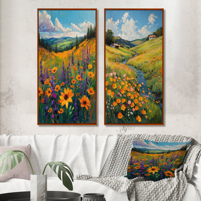 Ensemble de 2 pièces d'art fleurs jaunes en fleurs d'été «Meadow Breeze I», H 40 po x l 40 po, Brun, Impression encadrée