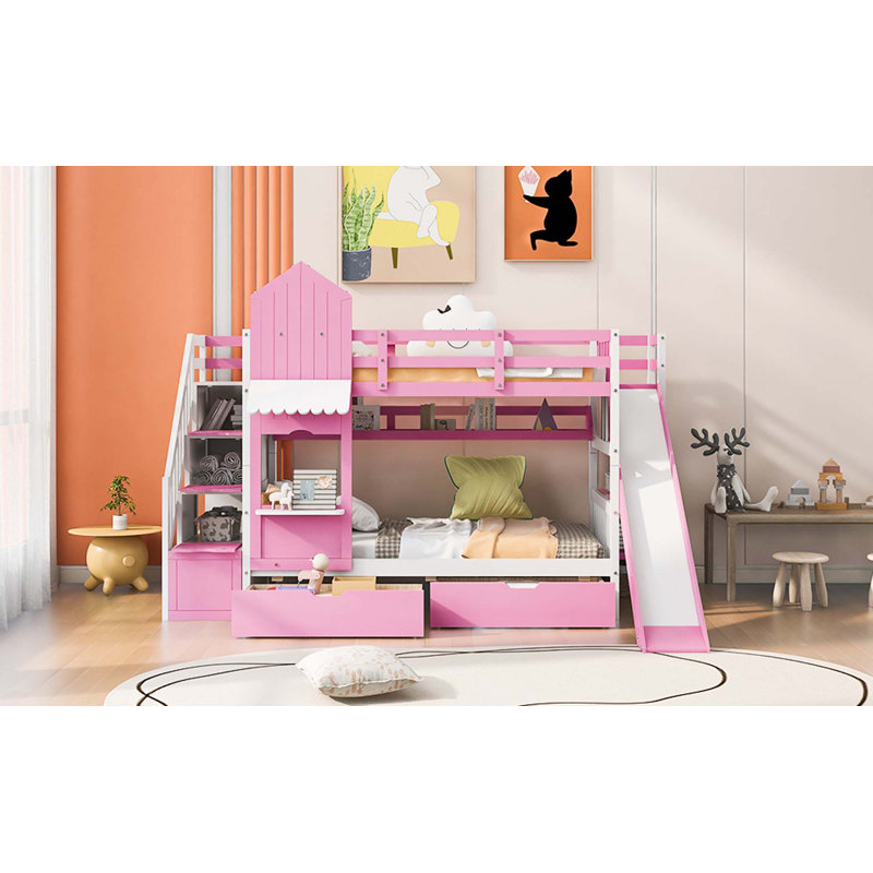 Hatina Kids Castle Style Storage Bunk Bed with Slide and Stairs, Blue, Full