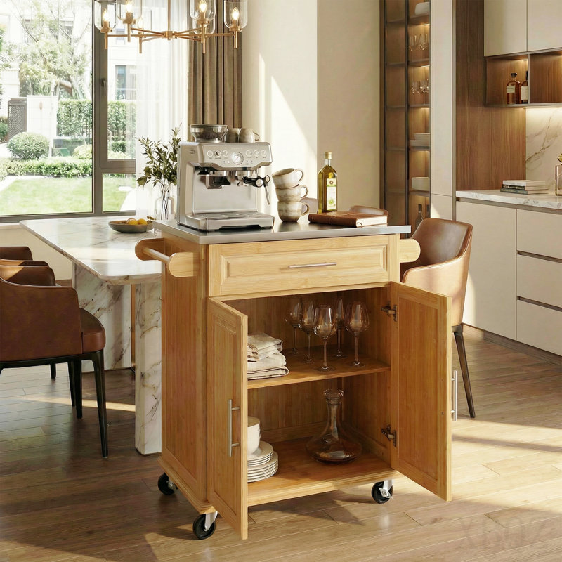 Chariot de cuisine intérieur en bambou compact avec plateau en acier inoxydable - Îlot de rangement mobile avec tiroir et armoire pour petits espaces
