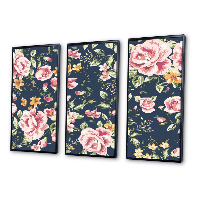 «Vintage Roses On Dark Blue II», ensemble de 3 reproductions d'art encadrées sur toile, Noir, H 28 po x l 36 po x P 1 po