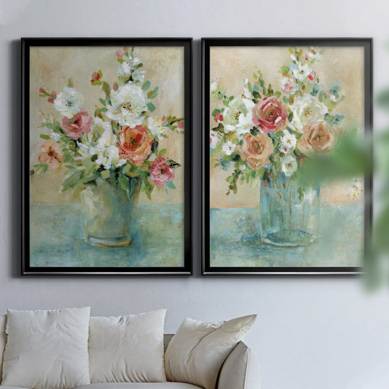 Sun Drenched Bouquet - Ensemble de 2 reproductions d'art, H 18,5 po x l 49 po x P 1,5 po, Toile encadrée noire, Pas de tapis