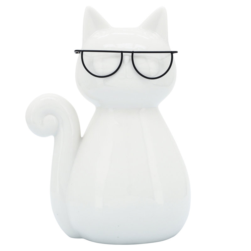 Adalmiina Modern Stoneware and Porcelain Cat Figurine with Glasses, 7" H x 5" W x 4" D