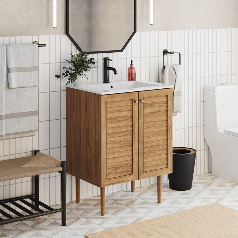 Meuble-lavabo autoportant 24 po Bron, Trou unique, Blanc, Chêne doré