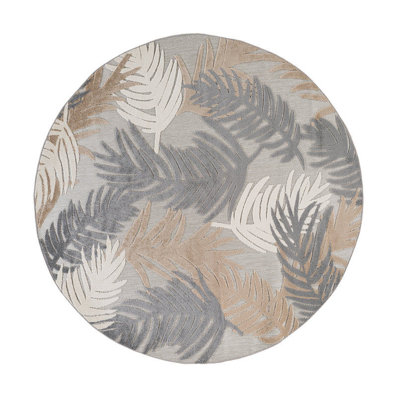 Tapis d'intérieur et d'extérieur à motif floral beige / gris / brun Hernandez, Rond 7 pi 10 po