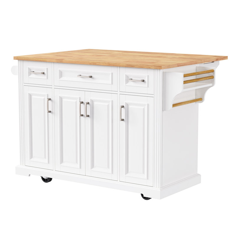 Grand îlot de cuisine avec abattant, 4 portes, 3 tiroirs, texture, rangement roulant, blanc pour chariot de 54 pouces, White