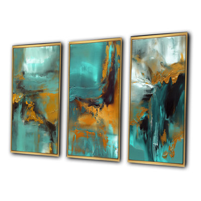 «Becoming The Ocean Sun», ensemble de 3 peintures abstraites bleu sarcelle et or