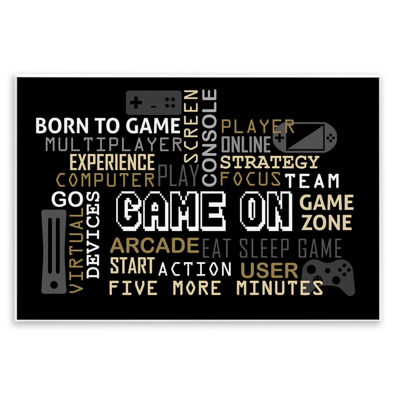 «Game On Gamer», plaque murale typographique, design par Kim Allen, H 10 po x l 15 po