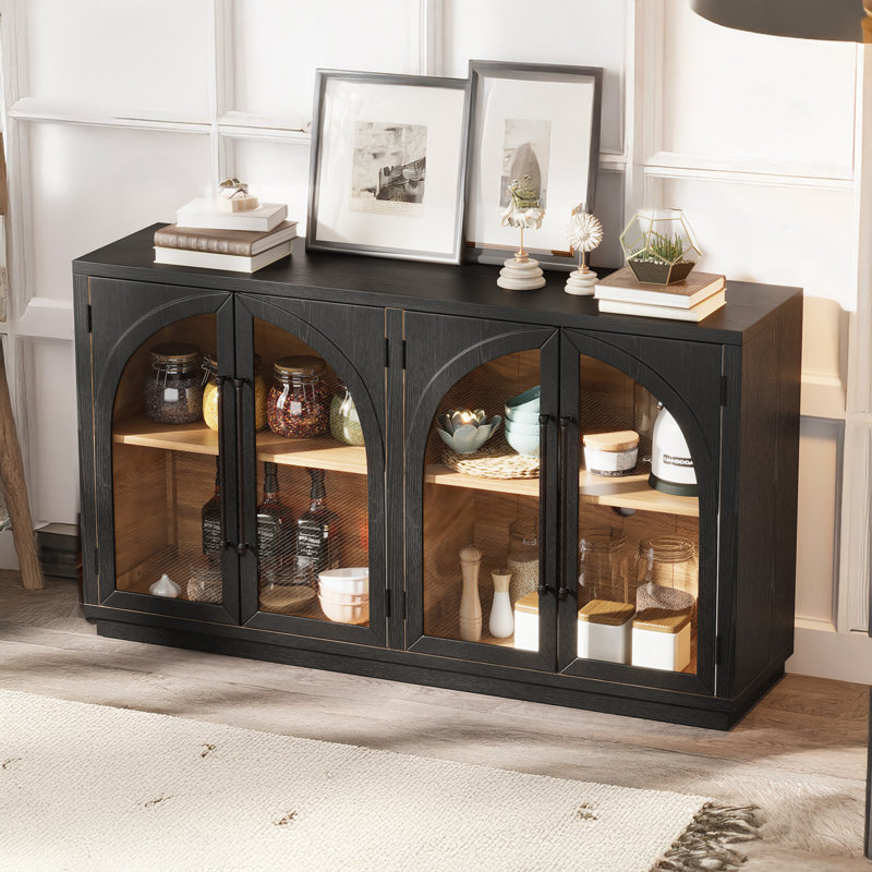 4-Door Arched Buffet Cabinet with Glass Doors and Adjustable Shelves, Black