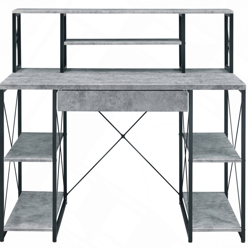 Bureau, bureau avec tablettes ouvertes et huche, Gris / Noir