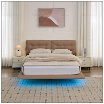 LED Floating Bed Frame with Tufted Headboard, Concealed Legs, and Remote-Controlled Ambient Lighting for Modern Bedrooms