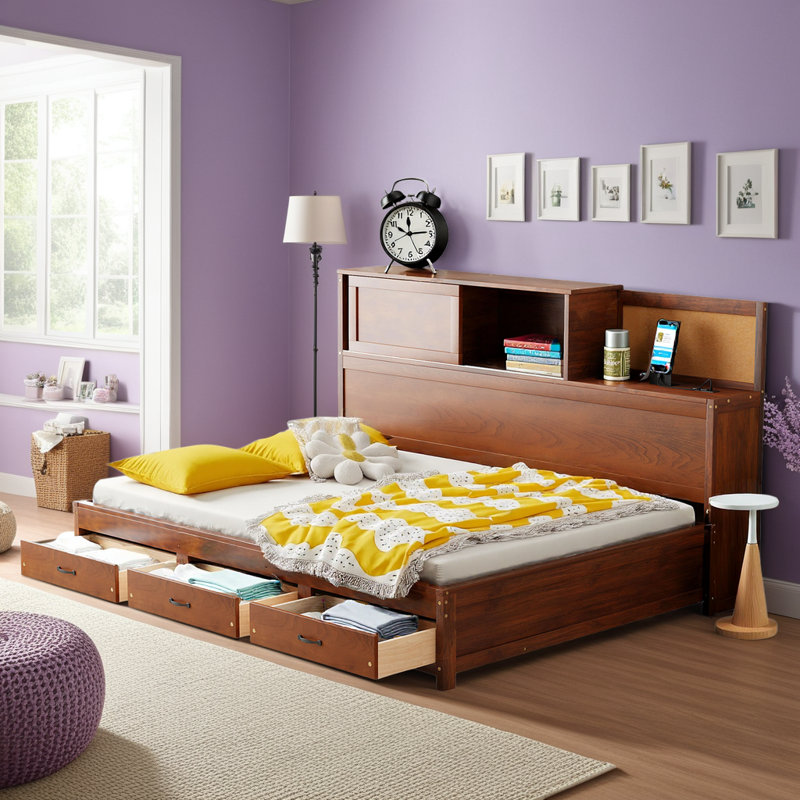 Lit de jour double en bois Afor, canapé-lit avec tiroirs de rangement, ports USB et tablette supérieure amovible, Brun