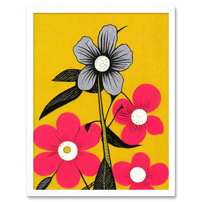 Bold Flowers Linocut Pink Mustard Yellow - Print