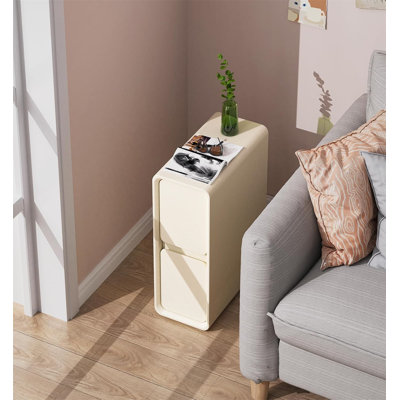 Cream Beige Slim 2-Drawer Nightstand with Rounded Edges - Modern Minimalist Bedroom Furniture for Small Spaces, Floating Base Design with Storage