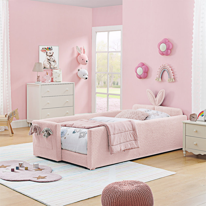 Upholstered Platm Bed With Pocket, Pink