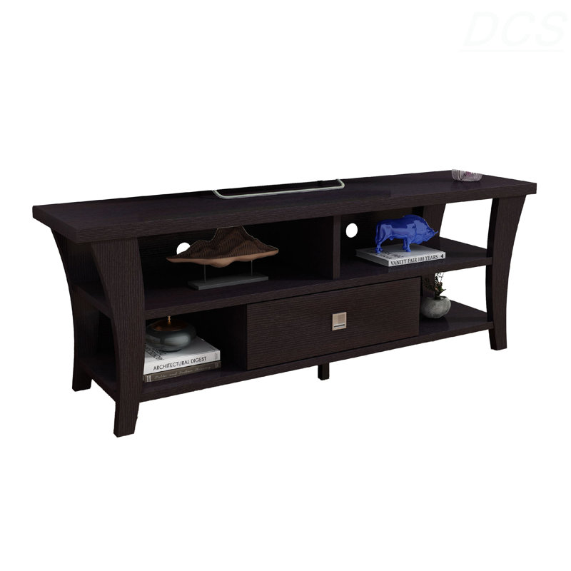 Meuble télé avec pieds courbés en bois et 4 tablettes, 60 po, meuble télé