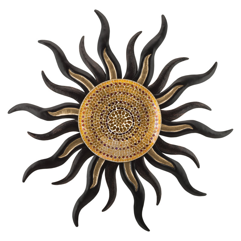 Golden and Black Mosaic Glass Sun Wall Sculpture