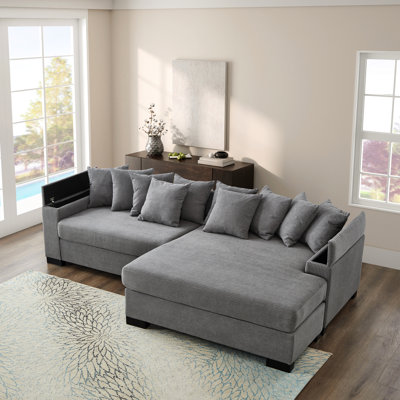 Canapé modulaire en forme de L de 111 po, revêtement en velours côtelé gris, chaise longue convertible, fabrication, accoudoir avec rangement stabilisateur