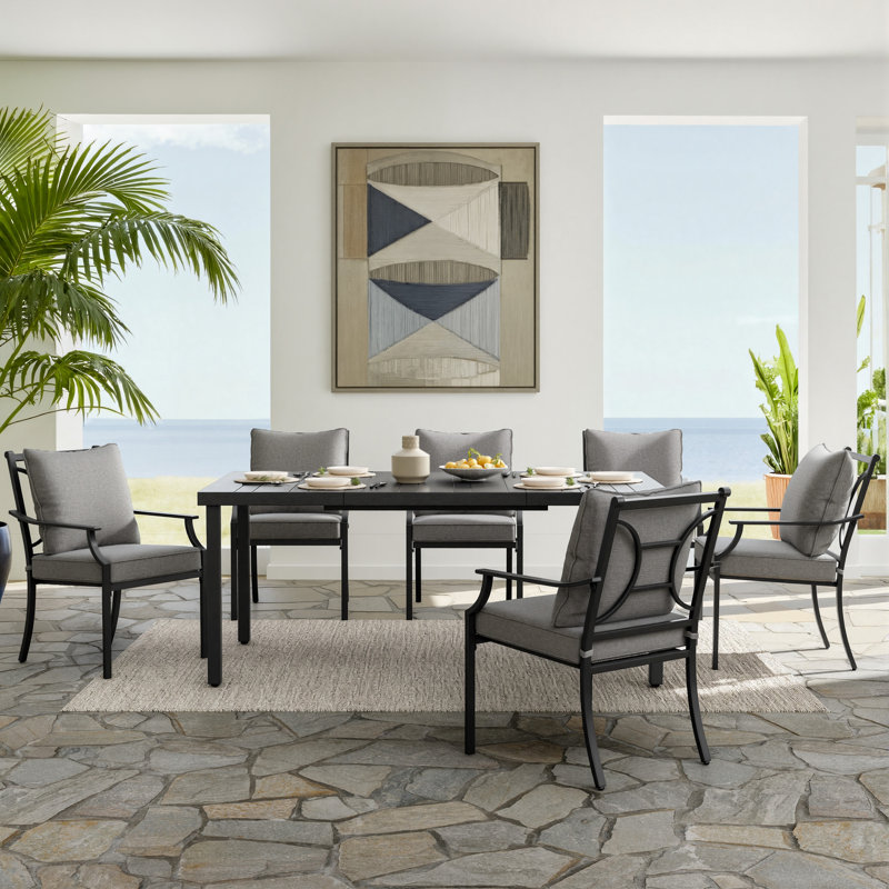 6 - Person Metal Patio Dining Set With Rectangular Table, Cushioned Ergonomic Chairs
