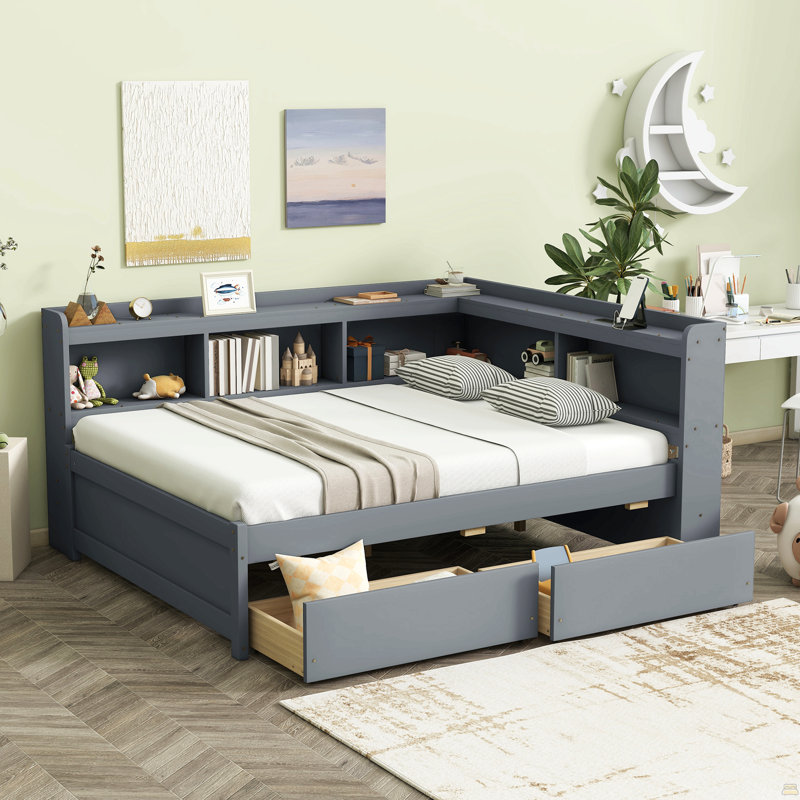Lit double en forme de L avec bibliothèques, prises de courant USB, deux tiroirs, Gris
