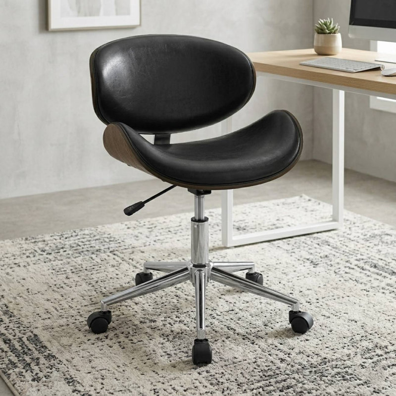 Chaise de bureau pivotante et réglable en hauteur avec dossier en bois et base en métal chromé / noir Oliver, Noir, Chrome
