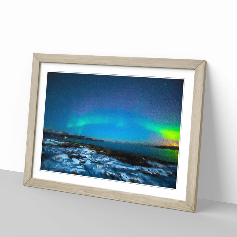 The Northern Lights Aurora Borealis in Norway - Picture Frame Painting Print on MDF, Oak Framed, 27cm H x 36cm W x 2cm D