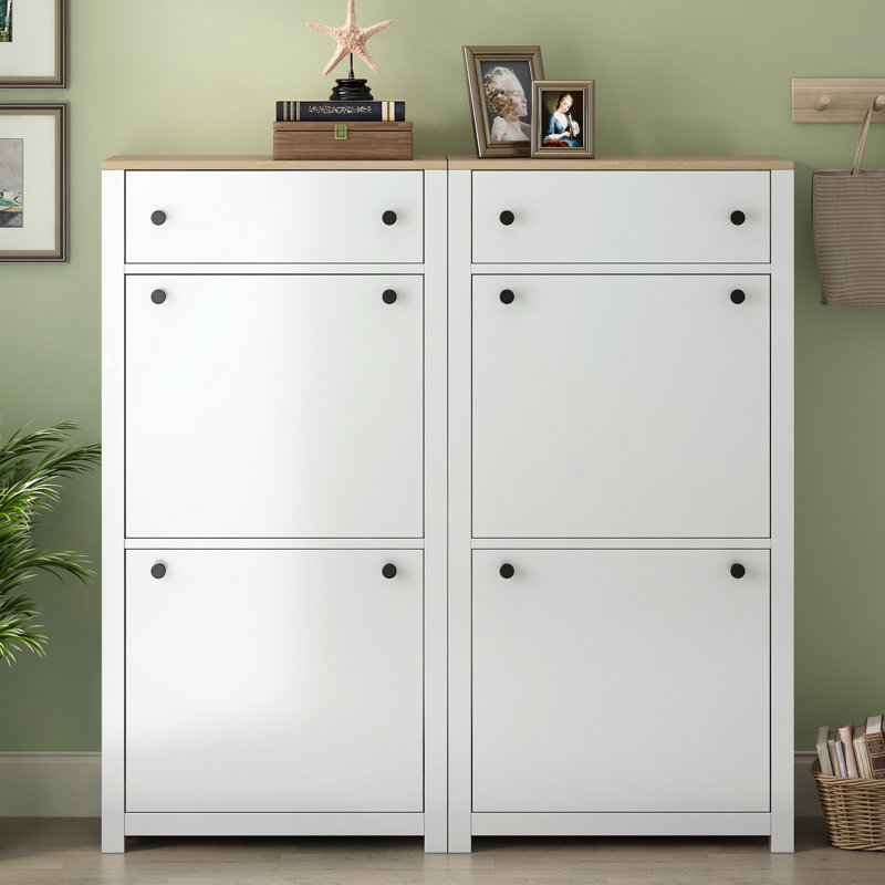 Rangement pour chaussures, ensemble d'armoire à seau à basculement mince avec 4 tiroirs rabattables, solution de rangement pour chaussures à motif grain de bois avec panneau réglable, étagère à chaussures de style moderne avec tiroirs pour le coulo