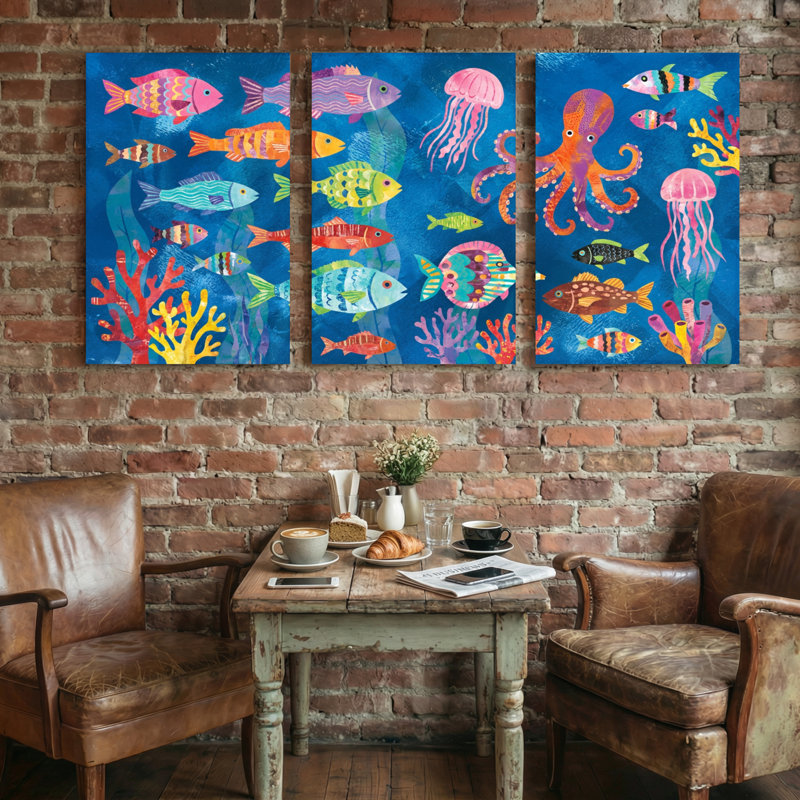 Animaux, coloré, poisson, corail, méduse, pieuvre, ensemble de 3 impressions sur toile, H 36 po x l 72 po