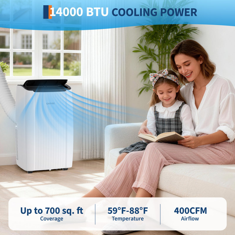 14000 BTU Portable Air Conditioner 4-in-1 Cooling Heating Dehumidifier Fan, Quiet 54dB Operation, 50Hz 220-240V for Home & Office