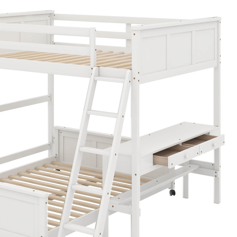 Icaro Wood Bunk Bed with Desk and Drawers, Ladder, Twin Over Full, White