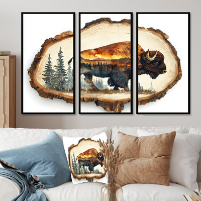 Portrait de bison américain en double exposition Canyon III - art mural bison - ensemble de 3