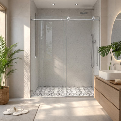 Porte de douche coulissante simple sans cadre en verre, 55-60 po L x 76 po H, verre trempé 5/16 po (8 mm) avec système anti-explosion