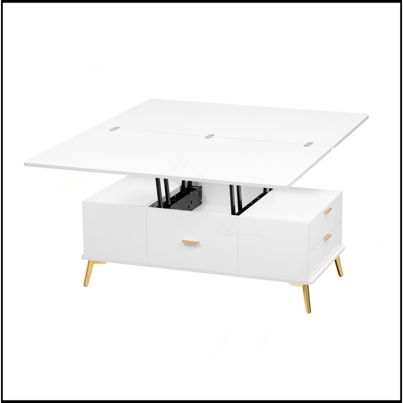 Table basse à plateau relevable moderne avec tiroirs et fonction de levage hydraulique, Blanc