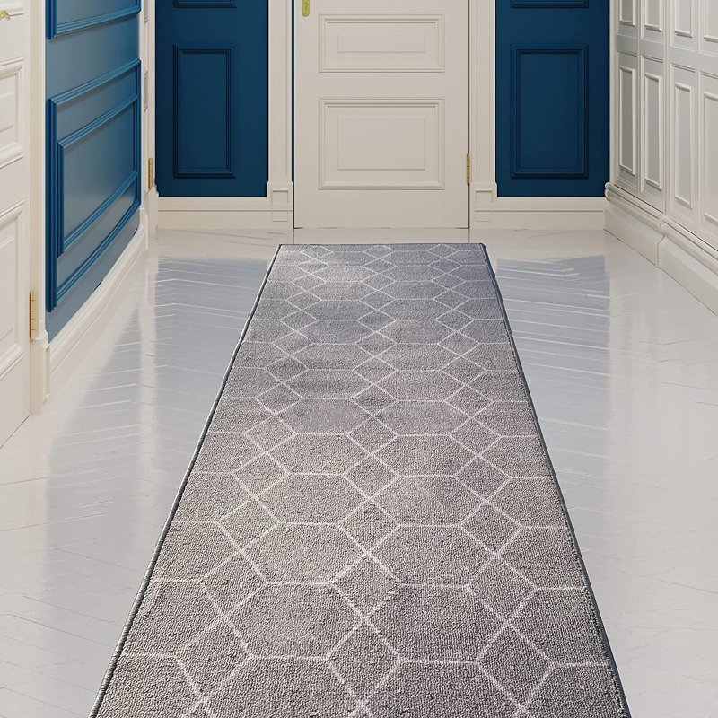Phillipsville Custom Size Runner Rug Choose Your Length Hexagon Trellis Design Gray Color, Rectangle 2' x 2'7"